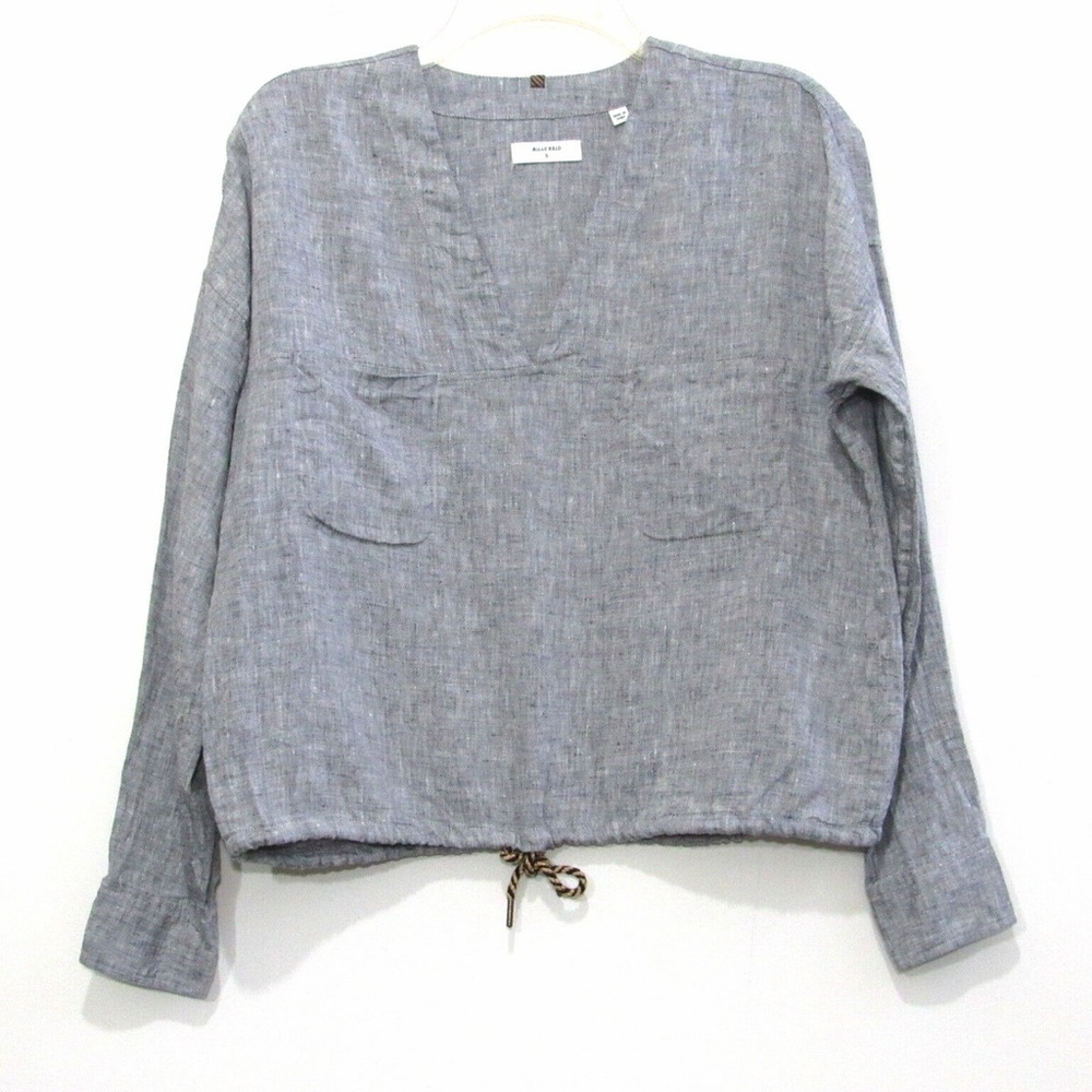 Billy Reid Top Womens Small Gray 100% Linen Drawstring Cinch Waist Long Sleeve
